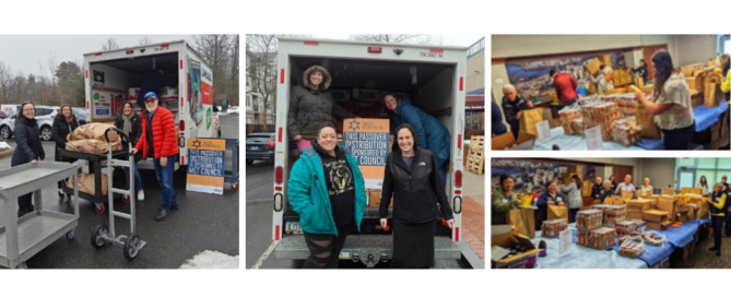 JFS staff pick up bulk Passover staples from Elayne & James Schoke Jewish Family Service of Fairfield County. When the truck arrives in Hartford, JFS volunteers load the groceries into bags for individual families.