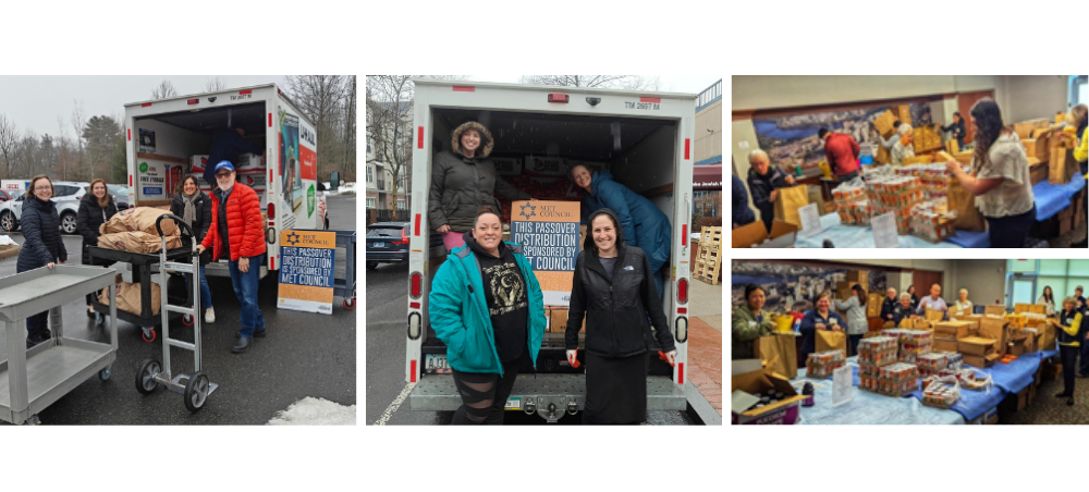2026 Passover food distrib header JFS staff pick up bulk Passover staples from Elayne & James Schoke Jewish Family Service of Fairfield County. When the truck arrives in Hartford, JFS volunteers load the groceries into bags for individual families.