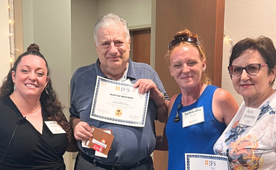 CIA newslet_Summer 2026_web image JFS recognizes Russian-speaking volunteers at the Anja Rosenberg Kosher Food Pantry. From left: Laura Miacola (JFS staff), Val Virkerman (JFS volunteer), Sam Reid (JFS staff) and Raisa Virkerman (JFS volunteer).