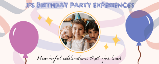 A cute illustration of children at a birthday party, surrounded by colorful balloons and streamers.