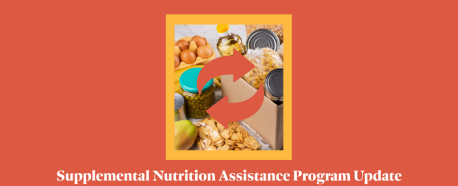 A bag of groceries from a food pantry, superimposed on an orange background.