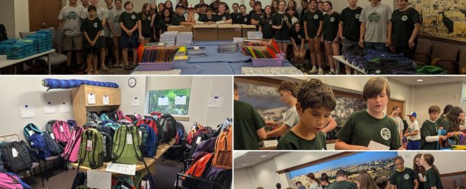 Images of volunteers and backpacks from back-to-school drive